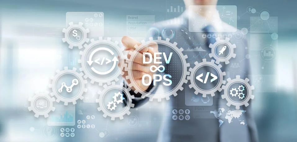 DevOps Agile development concept on virtual screen. Stock Photos