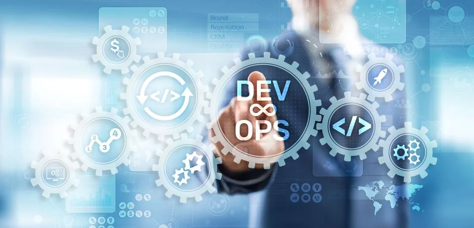 DevOps Agile development concept on virtual screen. Stock Photos