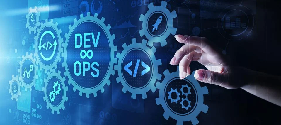DevOps Agile development concept on virtual screen. Stock Photos