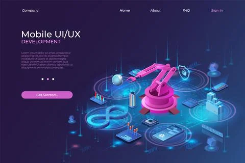 DevOps. AI technology. Isometric UI UX factory landing page. Mobile phone and 스톡 일러스트