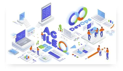 Devops and Agile software development, teamwork, vector isometric illustration. Stock Illustration