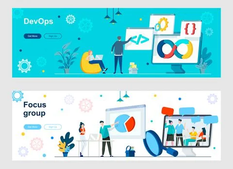 DevOps and focus group landing page with people characters. Stock-Illustration