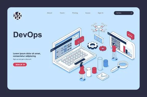 DevOps concept in 3d isometric design for landing page template. People imp.. Stock Illustration