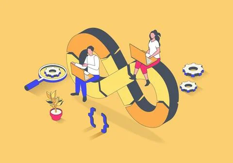 DevOps concept in 3d isometric design. Manager makes administration of develo イラスト素材