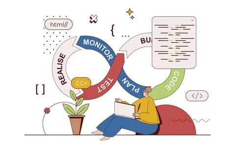 DevOps concept with character situation in flat design. Woman developer worki Illustrazione stock