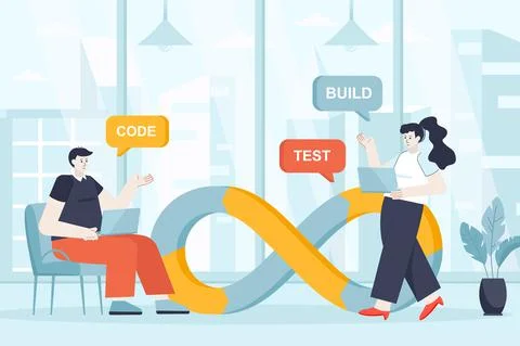 DevOps concept in flat design. Teamwork and communication in office scene Illustrazione stock