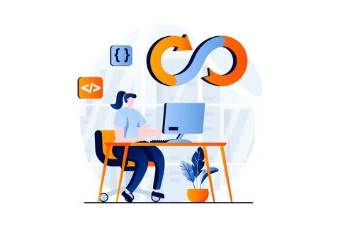 DevOps concept with people scene in flat cartoon design. Woman coding and Illustrazione stock