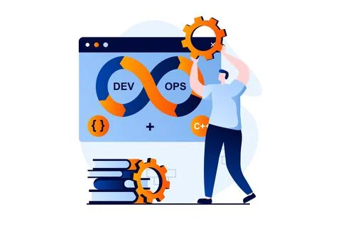 DevOps concept with people scene in flat cartoon design. Man optimizes software Stock Illustration