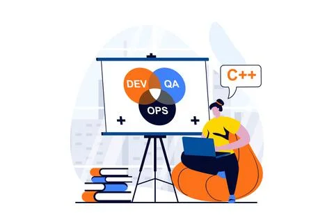 DevOps concept with people scene in flat cartoon design. Woman coding and Stock Illustration