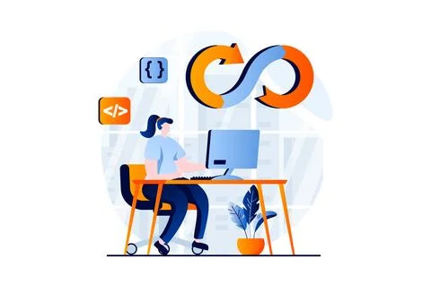 DevOps concept with people scene in flat cartoon design. Woman coding and Stock Illustration