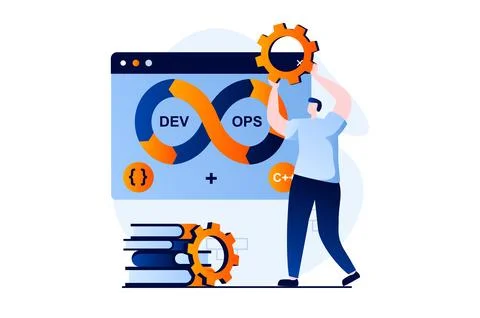 DevOps concept with people scene in flat cartoon design. Man optimizes software Stock Illustration