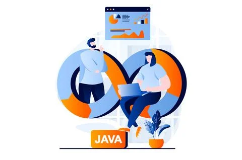 DevOps concept with people scene in flat cartoon design. Man and woman Stock Illustration