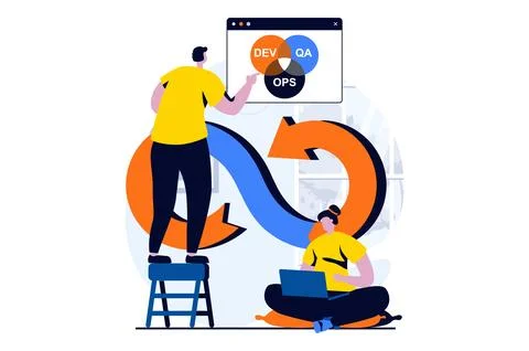 DevOps concept with people scene in flat cartoon design. Man and woman Stock Illustration
