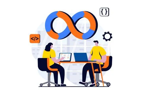 DevOps concept with people scene in flat cartoon design. Woman and man coding Illustrazione stock