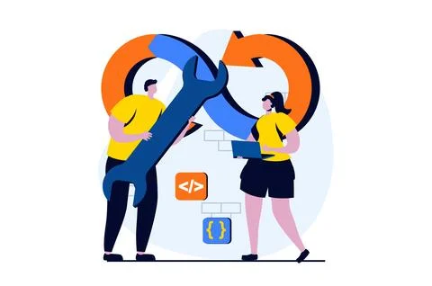 DevOps concept with people scene in flat cartoon design. Woman and man working Illustrazione stock