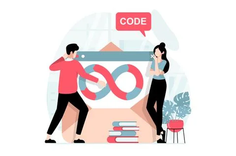 DevOps concept with people scene in flat design. Woman and man coders worki.. Illustrazione stock