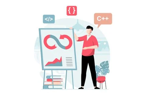 DevOps concept with people scene in flat design. Man programmer coding and .. Stock Illustration