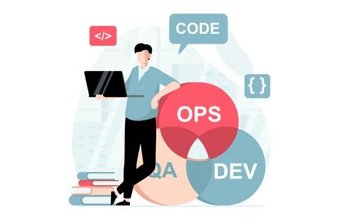 DevOps concept with people scene in flat design. Man programmer coding, cre.. Stock Illustration