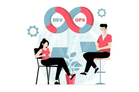 DevOps concept with people scene in flat design. Man and woman programmers .. 스톡 일러스트