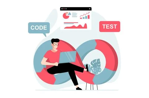 DevOps concept with people scene in flat design. Man programmer coding and .. Illustrazione stock