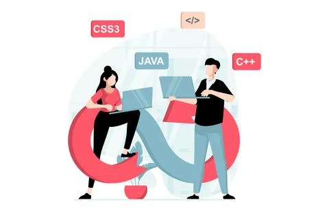 DevOps concept with people scene in flat design. Woman and man coders team .. Stock Illustration