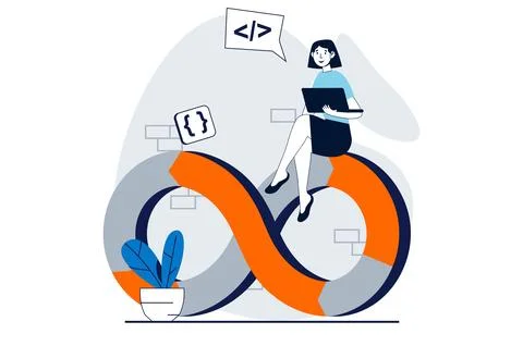 DevOps concept with people scene in flat design for web. Woman working on o.. Illustrazione stock