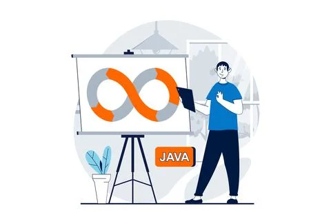 DevOps concept with people scene in flat design for web. Man working on ope.. Stock Illustration