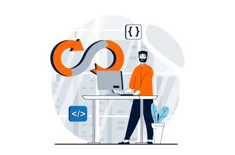 DevOps concept with people scene in flat design for web. Man working with sof Illustrazione stock