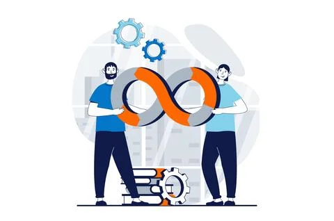 DevOps concept with people scene in flat design for web. Man working in team  Stockillustratie