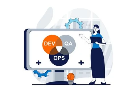 DevOps concept with people scene in flat design for web. Woman monitoring and Stock Illustration