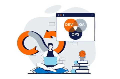 DevOps concept with people scene in flat design for web. Man monitoring workf Stock Illustration