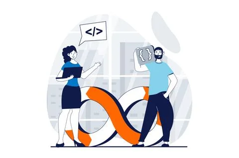 DevOps concept with people scene in flat design for web. Man and woman workin Stock Illustration