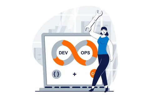 DevOps concept with people scene in flat design for web. Woman using agile pr Illustrazione stock