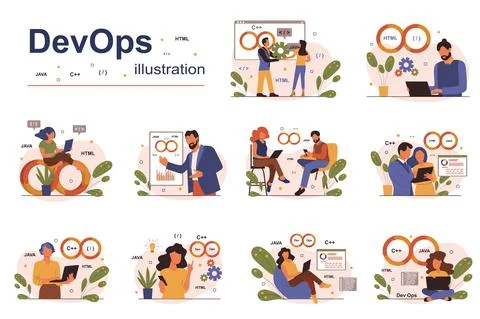 DevOps concept with people scene set. Vector illustration Illustrazione stock