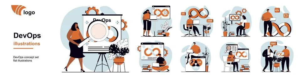DevOps concept with people scenes mega set in flat web design. Bundle of ch.. Stock Illustration