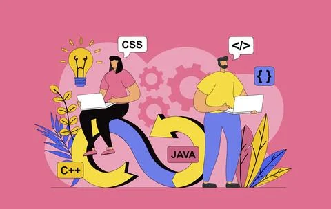 DevOps engineers team concept with modern flat design for web. Man and woman  Illustrazione stock