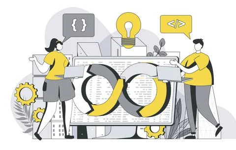 DevOps engineers team concept with outline people scene. Man and woman work Illustrazione stock