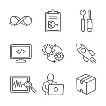 DevOps Icon Set with Plan, Build, Code, Test, Release, Monitor, Operate and P Stock Illustration
