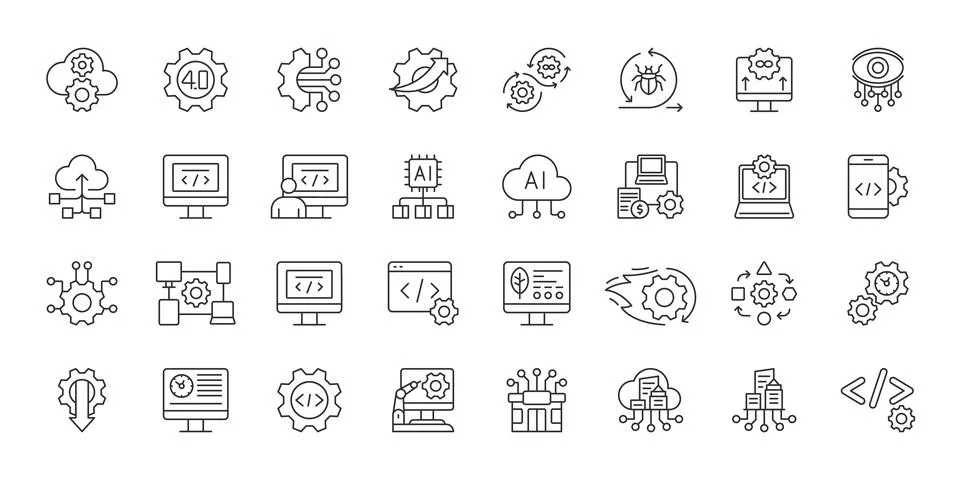 DevOps icons in line design. devops, automation, deployment, software Stock Illustration