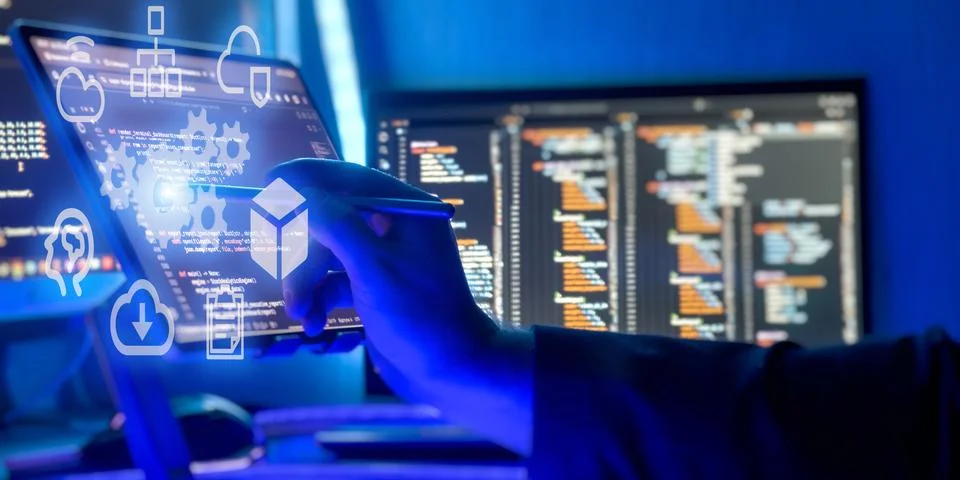DevOps Infrastructure Management with Coding Screens, Cloud Services, Securit Stock-Fotos