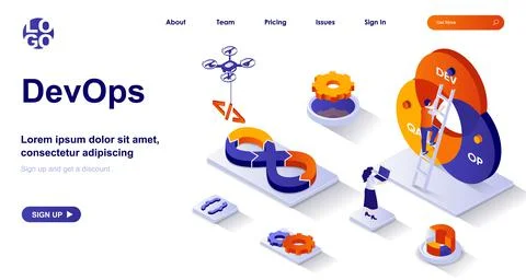 DevOps isometric landing page. Development operations isometry concept Illustrazione stock