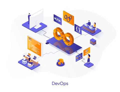 DevOps isometric web banner. Illustrazione stock