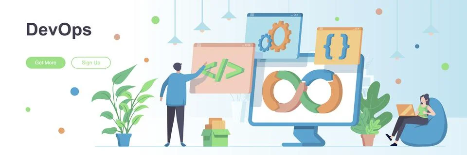 DevOps landing page with people characters. Programming and engineering servi Illustrazione stock