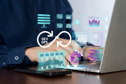 DevOps software development and IT operations engineer working in agile met.. 스톡 사진