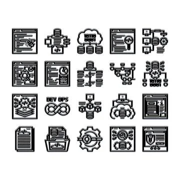 Devops software development infrastructure and cloud computing icons Stock Illustration