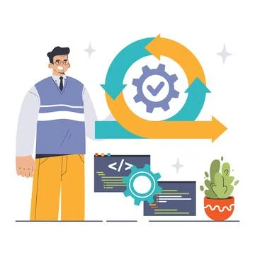 DevOps. Software development methodology. Software development Stock Illustration