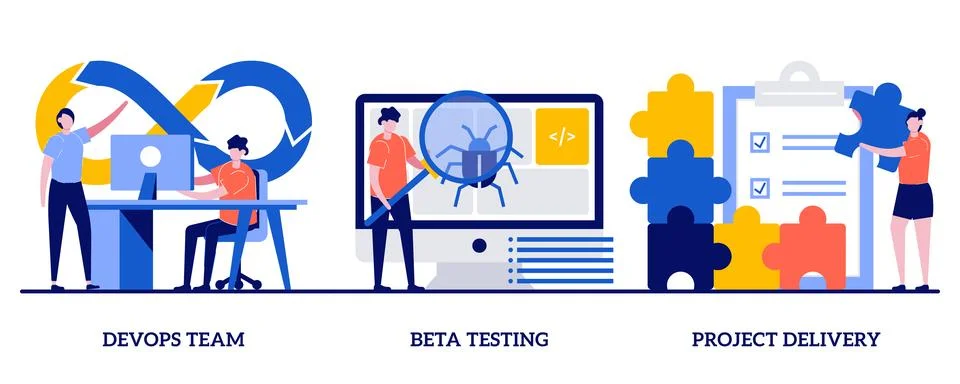 DevOps team, beta testing, project delivery concept with tiny people. Softw.. Stock Illustration