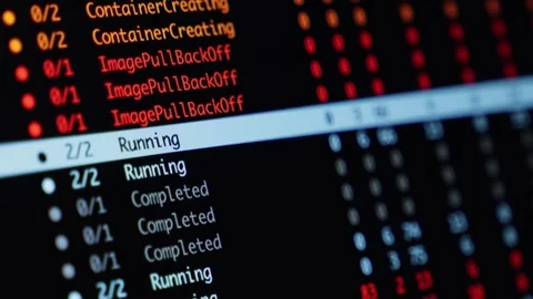Devops terminal log scan showing container statuses with camera panning fro.. 스톡 동영상 304804499