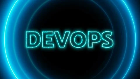 Devops text with neon glowing circle on a dark background. Stock Illustration