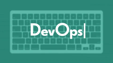 DevOps title. Modern flat web template with keyboard template on gray background 스톡 동영상 205149333